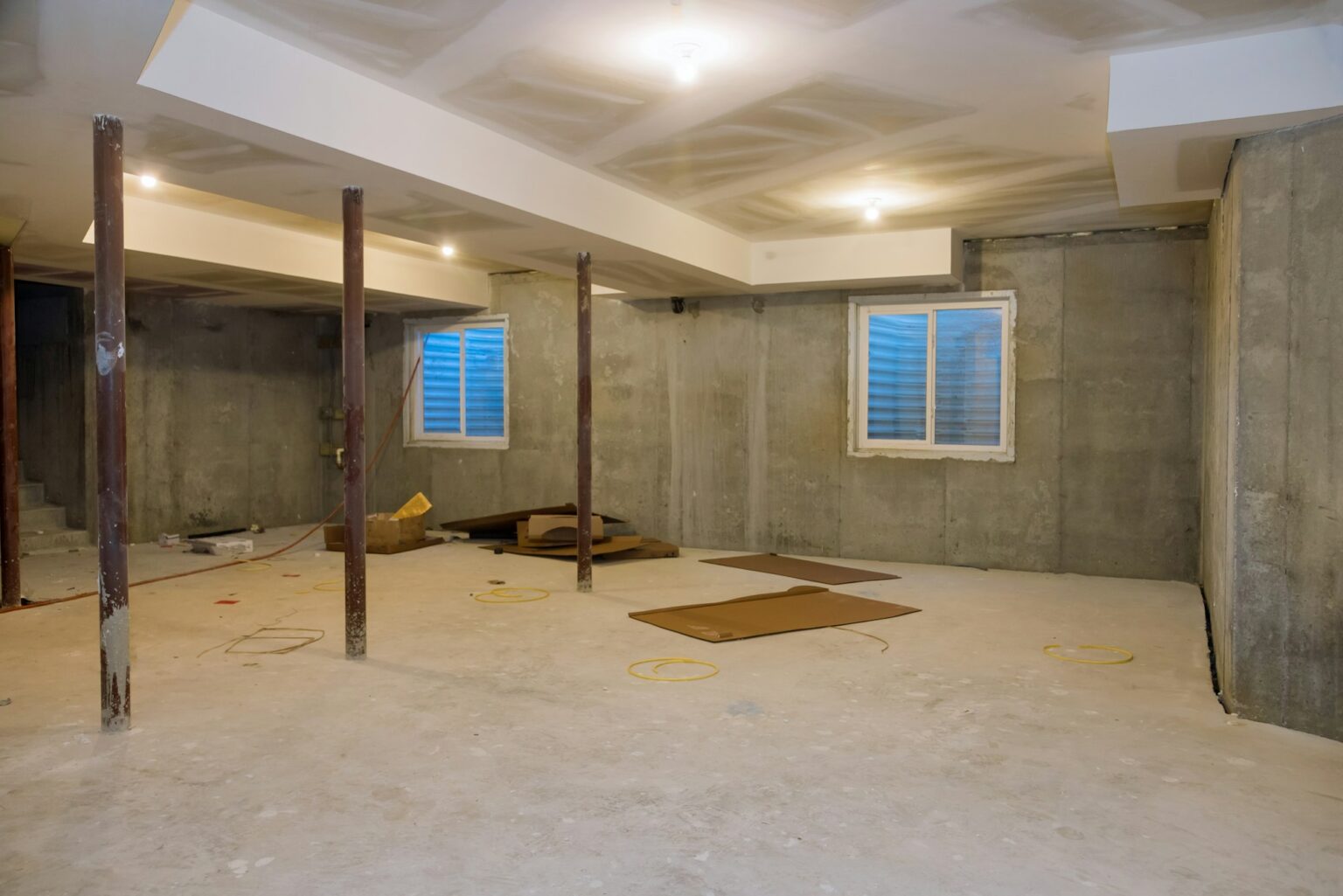 Empty under construction view on concrete floor construction of basement of home